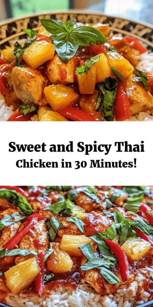 Experience a burst of flavor with this Sweet and Spicy Thai Chicken recipe! Perfect for a weeknight dinner, this dish features tender chicken thighs simmered with vibrant veggies, juicy pineapple, and a tantalizing sauce that balances sweetness and heat. In just 30 minutes, you can whip up a meal that's sure to impress. Serve it over fluffy Jasmine rice and garnish with fresh basil for a delicious finish. Ideal for spice lovers and easy enough for any home cook!