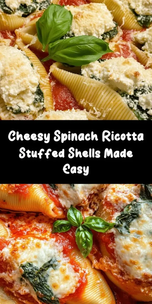 Looking for a delicious and easy dinner idea? Try these Spinach and Ricotta Stuffed Shells! Jumbo pasta shells filled with a creamy ricotta and fresh spinach mixture, smothered in marinara sauce and topped with melted mozzarella, make for a comforting meal. Perfect for family dinners or impressing guests, this recipe is packed with flavor and nutrients. Plus, it’s simple enough for any home cook to master! Enjoy a plateful of cheesy goodness!