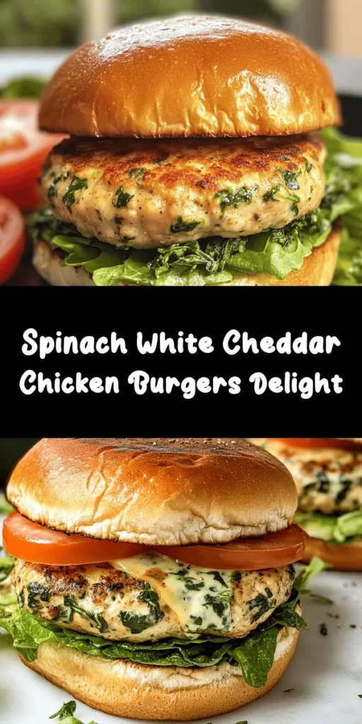 Indulge in these delicious White Cheddar and Spinach Chicken Burgers! Perfect for a light yet satisfying meal, these juicy chicken patties are infused with fresh spinach and melty white cheddar. Easy to make in just 30 minutes, they are seasoned with garlic and onion powder for extra flavor. Serve them on toasted buns with your favorite toppings like tomatoes, lettuce, and avocado for a fresh twist. Ideal for weeknight dinners or weekend barbecues!