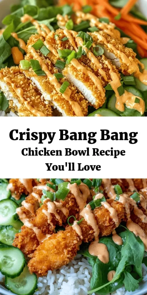 Indulge in a flavorful Bang Bang Chicken Bowl that's perfect for a quick dinner or meal prep! This dish features crispy, golden chicken coated in panko, served over a bed of jasmine rice with fresh mixed greens, crunchy carrots, and cucumbers. Drizzle with a spicy and creamy Bang Bang sauce for a burst of flavor. Easy to make and packed with fresh ingredients, this bowl is sure to be a family favorite. Perfect for any night of the week!