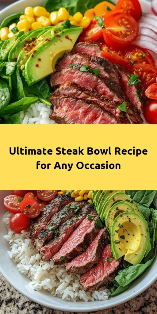 Elevate your meal game with this Ultimate Steak Bowl! Perfect for any occasion, this delicious recipe features juicy steak marinated in a savory mix of olive oil, garlic powder, and smoked paprika. Serve it over a bed of fluffy jasmine rice or quinoa, topped with fresh spinach, creamy avocado, vibrant cherry tomatoes, sweet corn, and zesty lime juice. Optionally, add crumbled feta and your favorite hot sauce. Easy to prepare and bursting with flavor, it’s perfect for lunch or dinner!