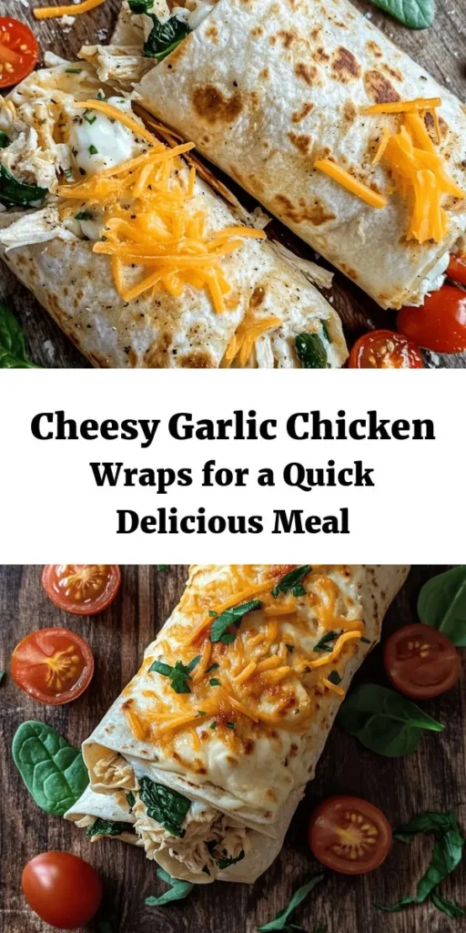 Dive into these Cheesy Garlic Chicken Wraps that are bursting with flavor! Perfect for a quick lunch or dinner, these wraps combine tender chicken, creamy cheeses, and fresh veggies all wrapped in a warm tortilla. In just 30 minutes, you can enjoy this deliciously cheesy meal. Grill them to perfection for a golden, crispy finish. Serve with your favorite dipping sauce for an extra kick. Your family will love this one!