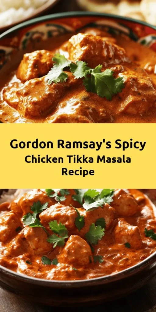 Indulge in the rich flavors of Gordon Ramsay's Chicken Tikka Masala, a spicy delight perfect for any occasion! This dish features tender chicken marinated in a blend of yogurt and spices, then grilled to perfection. Paired with a creamy, aromatic sauce made from onions, tomatoes, and coconut milk, it promises a burst of flavor in every bite. Serve it with fluffy basmati rice or warm naan for a true culinary experience. Enjoy this comforting classic and impress your friends and family!