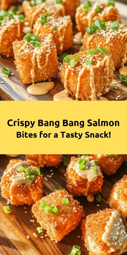 Indulge in these crispy Bang Bang Salmon Bites for your next snack or appetizer! Perfectly seasoned salmon is breaded with panko for an irresistible crunch and fried to golden perfection. Paired with a creamy and spicy Bang Bang sauce, these bites are sure to delight your taste buds. Quick to prepare in just 30 minutes, this recipe serves four and is perfect for sharing. Get ready to impress your friends and family with this delicious dish!