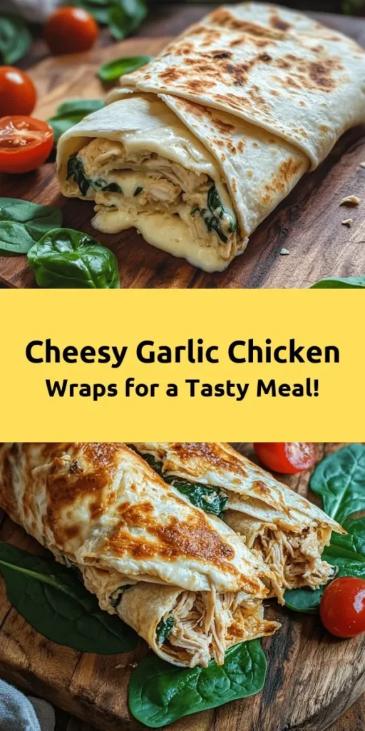 These Cheesy Garlic Chicken Wraps are the perfect go-to meal for any time of the day! With a delicious blend of shredded chicken, cream cheese, mozzarella, and Parmesan, combined with savory garlic and fresh spinach, every bite is a cheesy delight. They’re easy to make and ready in just 30 minutes! Grill them to golden perfection and serve with your favorite dipping sauce. Enjoy a tasty, satisfying wrap that everyone will love!