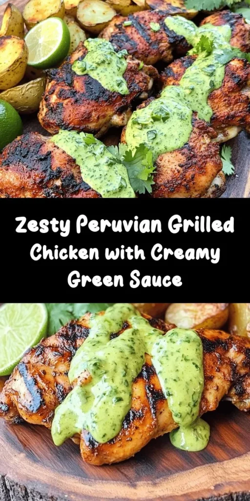 Savor the flavors of Peru with this delicious grilled chicken recipe! Tender boneless thighs marinated in a zesty blend of garlic, cumin, and lime form the perfect base for a tangy, creamy green sauce made with fresh cilantro and jalapeño. Grill to perfection for a mouthwatering dish that’s great for any occasion. Serve it alongside rice or a crisp salad for a complete meal. Bring vibrant, bold flavors to your dinner table!