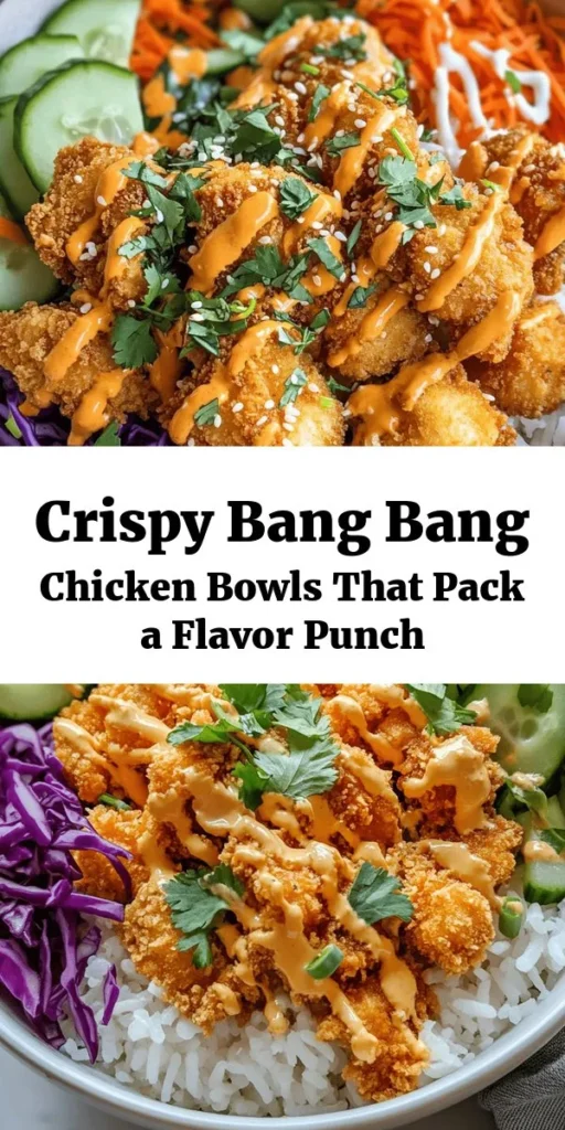 Transform your dinner game with these scrumptious Bang Bang Chicken Bowls! This recipe features crispy, golden fried chicken tossed in a delicious homemade Bang Bang sauce, served over a bed of fluffy jasmine rice. Fresh veggies like cucumber, carrots, and red cabbage add crunch and color, while cilantro gives a pop of flavor. Perfect for a family meal or meal prep, these bowls are sure to impress! Get ready to dig in and enjoy!