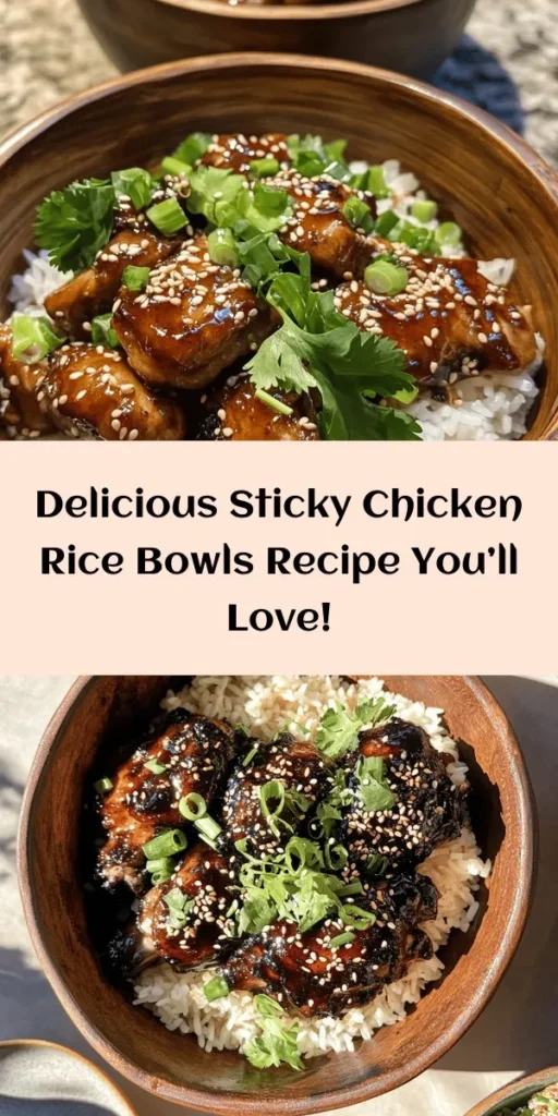 Enjoy the savory goodness of Sticky Chicken Rice Bowls! This delightful recipe features tender chicken thighs marinated in a flavorful mix of soy sauce, honey, garlic, and ginger, cooked to perfection and served over fluffy jasmine rice. Drizzled with a rich sauce and garnished with green onions, sesame seeds, and fresh cilantro, these bowls are perfect for a tasty weeknight dinner. Quick to prepare and packed with flavor, your family will love this comforting dish!