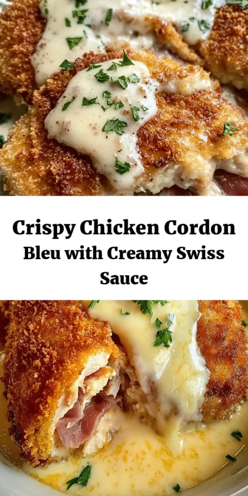 Indulge in this Delicious Chicken Cordon Bleu with Creamy Swiss Cheese Sauce! This mouthwatering dish features tender chicken breasts wrapped around savory ham and Swiss cheese, all coated in crispy breadcrumbs and served with a luscious cheese sauce. Perfect for impressing guests or treating your family, this recipe combines classic comfort with gourmet flair. Easy to follow, it's a delightful meal ready in under an hour. Give it a try for your next dinner!