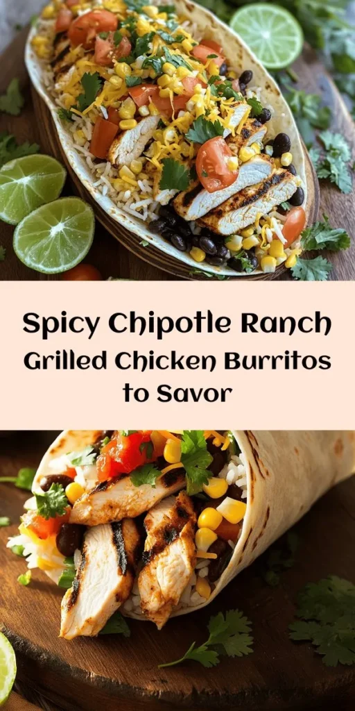 Spice up your dinner with these delicious Spicy Chipotle Ranch Grilled Chicken Burritos! Featuring tender grilled chicken marinated in zesty chipotle ranch, in combination with flavorful rice, black beans, corn, and shredded cheddar, these burritos are sure to impress. Perfect for meal prep or a quick weeknight dinner, they're easy to assemble and can be grilled for extra crunch. Serve with lime wedges for a fresh finish and enjoy a taste explosion in every bite!