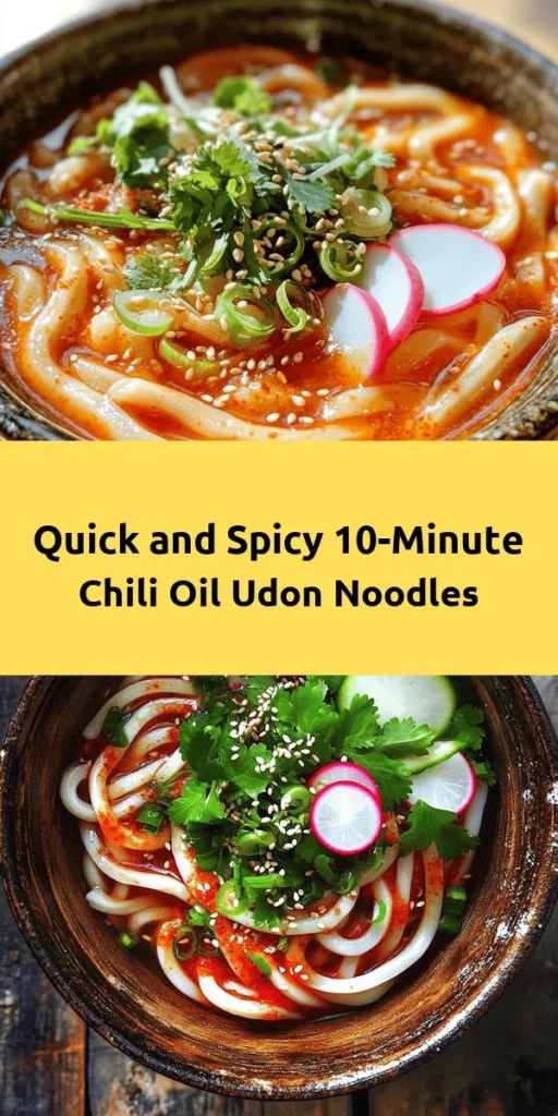 Indulge in a burst of flavors with these Spicy 10-Minute Chili Oil Udon Noodles! This quick and easy recipe features fresh udon noodles tossed in a fragrant chili oil sauce made with garlic, soy sauce, and sesame oil. Top it off with sliced green onions, sesame seeds, and fresh cilantro for an extra kick. Perfect for a fast meal or snack, get ready to enjoy this delicious dish warm or cold! Ideal for serving 2-3. Give it a try today!