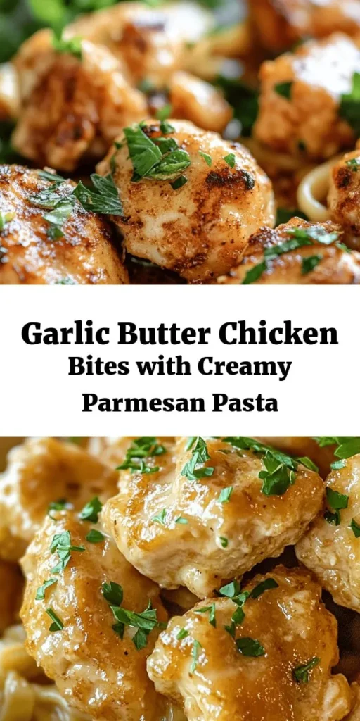 Indulge in these delicious Garlic Butter Chicken Bites paired with Savory Creamy Parmesan Pasta! This easy recipe features tender chicken pieces sautéed in a rich garlic butter sauce, served over creamy, cheesy pasta. Perfect for a weeknight dinner, it's packed with flavor and ready in just 35 minutes. Elevate your meal with fresh herbs for garnish and enjoy a comforting dish that's sure to impress the whole family!