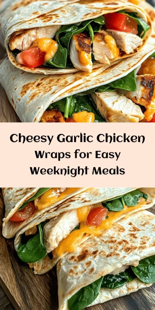Indulge in these Cheesy Garlic Chicken Wraps for a perfect meal any time of day! Grilled chicken, melted cheddar and mozzarella, and fresh spinach come together in whole wheat tortillas for a delicious wrap. This easy recipe features sautéed garlic for extra flavor and can be served with a drizzle of ranch dressing. Ready in just 30 minutes, these wraps are a great option for lunch or dinner that the whole family will love! Enjoy the gooey, cheesy goodness!