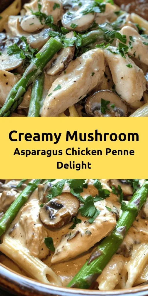 Indulge in this creamy Mushroom and Asparagus Chicken Penne that's perfect for a weeknight dinner! This dish features tender chicken, fresh asparagus, and savory mushrooms tossed in a rich cream sauce with a hint of garlic and thyme. Simply cook your penne pasta, sauté the ingredients, and combine for a comforting meal that's sure to please everyone at the table. Ready in just 30 minutes, it's delicious and easy! Don't forget the fresh parsley for a pop of color!