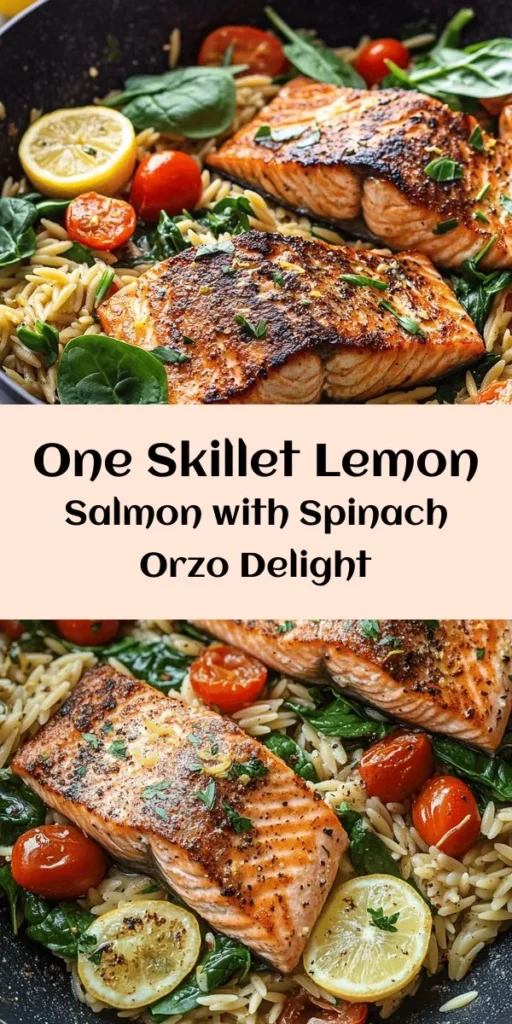 Delight in a deliciously simple Zesty One Skillet Salmon with Lemon Orzo recipe. This meal combines succulent salmon fillets, tender orzo pasta, and a burst of fresh flavors from lemon, cherry tomatoes, and spinach. It’s quick to prepare, taking just 30 minutes from start to finish, making it perfect for busy weeknights. Enjoy this wholesome dish garnished with parsley and lemon slices for a fresh touch. Perfect for fish lovers and easy weeknight dinners!