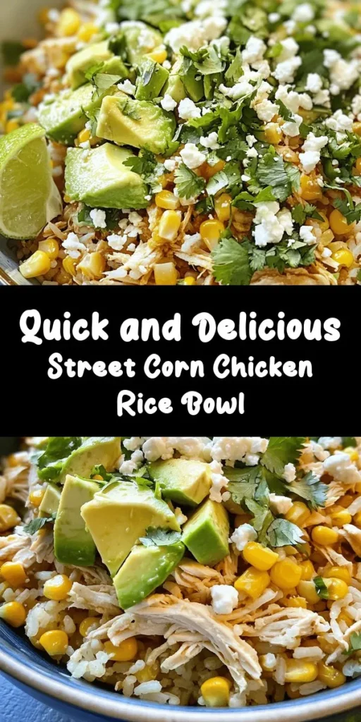 Looking for a quick and delicious meal? Try this Easy Street Corn Chicken Rice Bowl! Ready in just 10 minutes, this flavorful dish features jasmine rice, shredded rotisserie chicken, sweet corn, and a creamy avocado topping. Each bowl is drizzled with zesty lime juice and chili powder for a delightful kick. Perfect for lunch or dinner, this recipe is not only easy to make but also packed with fresh ingredients. Enjoy a wholesome meal in no time!