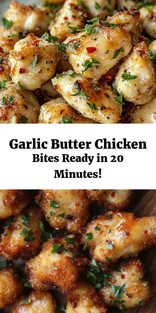 Indulge in these delicious Garlic Butter Chicken Bites! This quick and easy recipe features tender chicken pieces sautéed in rich garlic butter, seasoned with herbs, and finished with a zesty squeeze of lemon. Perfect as an appetizer or served with rice, pasta, or salad for a complete meal. Ready in just 20 minutes, it's a flavorful dish that satisfies any craving. Don’t forget to garnish with fresh parsley for that extra pop!