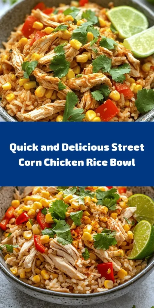 Elevate your weeknight dinners with this Easy Street Corn Chicken Rice Bowl! Packed with flavors and ready in just 15 minutes, it's a simple yet satisfying meal. Start with a base of cooked rice, then top it with sautéed corn, tender rotisserie chicken, and vibrant red bell pepper. A sprinkle of smoked paprika adds warmth, while fresh cilantro and lime wedges bring a zesty freshness. Perfect for busy days and sure to please everyone!