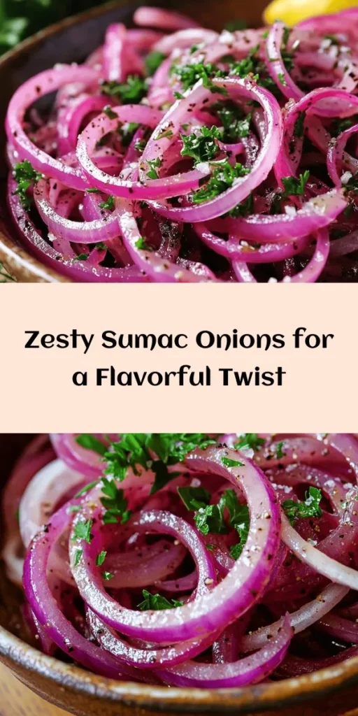 Elevate your meals with this Zesty Sumac Onions Delight! This simple and delicious recipe combines thinly sliced red onions with the tangy flavor of sumac, fresh lemon juice, and a hint of cayenne for a kick. Perfect as a vibrant condiment for grilled meats, in salads, or on flatbreads, these marinated onions are sure to impress. With a quick prep time of just 10 minutes, you'll have a burst of flavor ready in under 40 minutes. Give your dishes a zesty upgrade!
