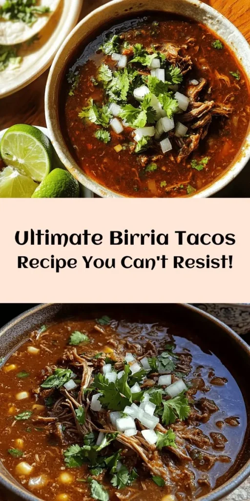 Discover the deliciousness of my favorite Birria Tacos! These savory tacos are made with tender, shredded beef chuck roast simmered in a flavorful broth infused with guajillo and ancho chilies, cumin, and garlic. Perfectly paired with warm corn tortillas and garnished with fresh cilantro, diced onions, and lime wedges, these tacos are perfect for any occasion. Serve with a side of spicy salsa and enjoy a taste of Mexico at home!