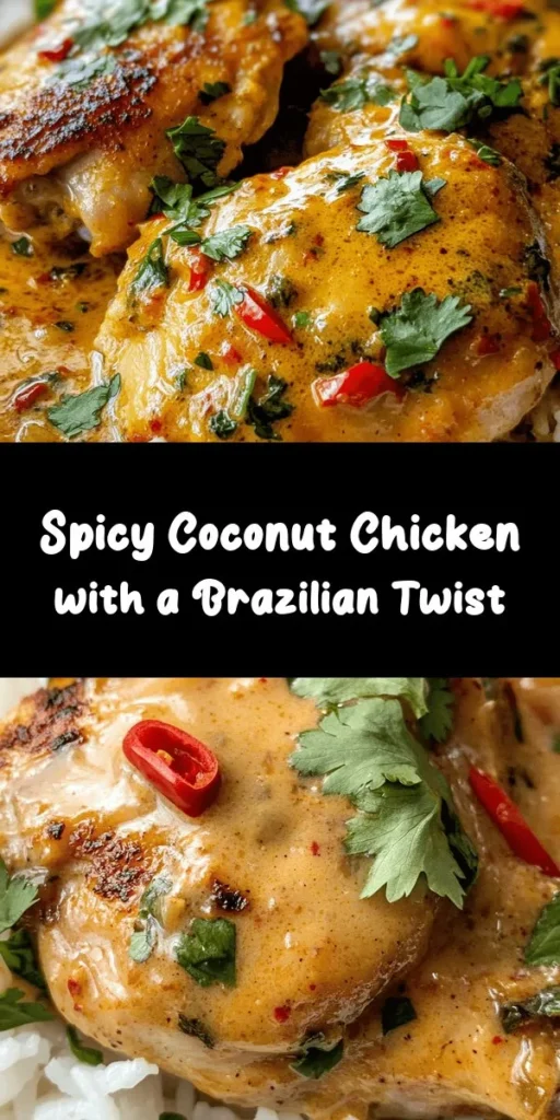 Indulge in the flavors of Brazil with this Spicy Brazilian Coconut Chicken! This easy recipe features tender chicken thighs marinated in zesty lime and aromatic spices, simmered in a creamy coconut milk sauce infused with garlic, ginger, and chili for a delightful kick. Perfect for a cozy dinner, serve it over rice or with crusty bread to soak up every drop of that savory sauce. Your taste buds will thank you! Enjoy a taste of the tropics with every bite.