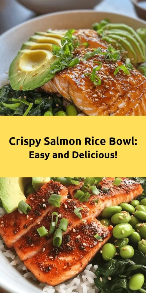 Enjoy a delightful Crispy Salmon and Rice Bowl that's quick and easy to make! This vibrant dish features perfectly cooked jasmine rice topped with crispy salmon fillets, sautéed spinach, and edamame. Drizzled with soy sauce and sesame oil, it’s bursting with flavor. Garnish with avocado, green onions, and sesame seeds for a nutritious meal. Perfect for a busy weeknight or a relaxed weekend! Serve with a side of Sriracha or wasabi for an extra kick.