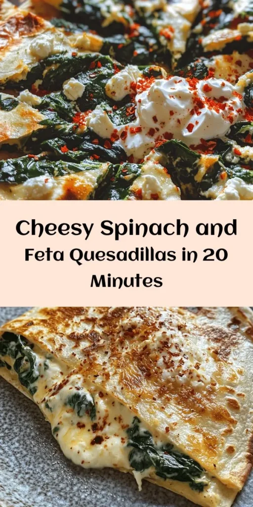 Delight in these easy and flavorful Spinach & Feta Quesadillas! Packed with fresh spinach, creamy feta, and gooey mozzarella cheese, they're perfect for a quick meal or snack. Sauté garlic and spinach, mix with cheese, and cook until golden brown for a crispy treat. Serve with sour cream or Greek yogurt for an extra touch. With just 20 minutes of total prep time, you’ll have a delicious dish that's sure to impress. Enjoy this tasty twist on a classic!