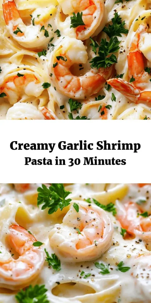 Indulge in this creamy garlic shrimp pasta that's perfect for a weeknight dinner or special occasion! With tender fettuccine, succulent shrimp, and a luscious garlic cream sauce, this dish is sure to impress. It's quick to make, taking only 30 minutes from start to finish, and features delicious flavors like Parmesan, lemon, and fresh parsley. Get ready to savor every bite of this delightful meal! #pasta #shrimp #recipe #dinnerideas