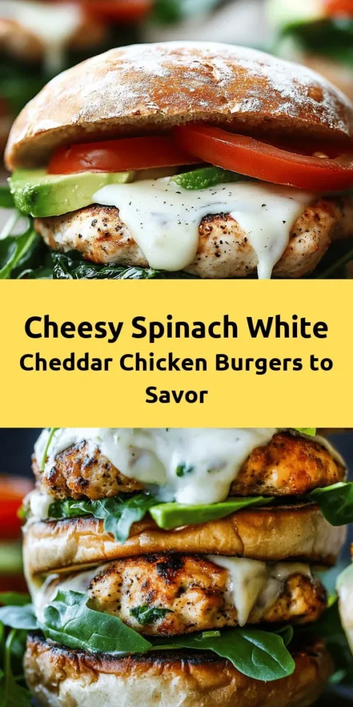Discover the ultimate comfort meal with these Cheesy Spinach Bliss White Cheddar Chicken Burgers! Packed with flavor from fresh spinach, melty white cheddar, and a hint of smoked paprika, these burgers are a delicious twist on a classic. Perfectly grilled and served on whole wheat buns, they can be customized with toppings like avocado and arugula. Quick to make and ready in just 25 minutes, these mouthwatering burgers are a hit with everyone!