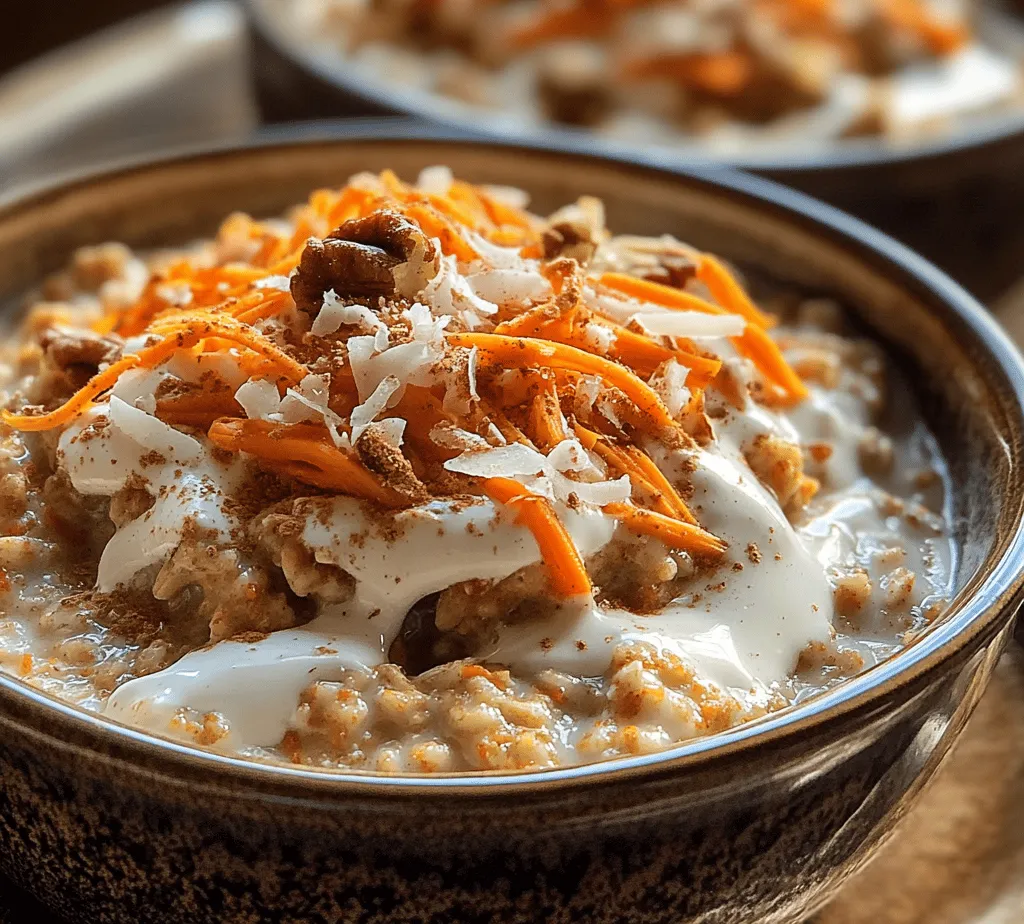 In today's fast-paced world, finding a breakfast option that is both nutritious and delicious can be a challenge. The trend towards healthy eating has led to an increased interest in breakfast foods that not only satisfy hunger but also provide vital nutrients. One standout option that has emerged is oatmeal, renowned for its versatility and health benefits. Among the myriad of oatmeal recipes, the <strong>Carrot Cake Oatmeal Delight</strong> shines as a delightful fusion of flavors and nutrition, brilliantly merging the beloved taste of carrot cake with the wholesome goodness of oats.” /></p>
</p>
<h3>Step-by-Step Instructions for Carrot Cake Oatmeal Delight</h3>
</p>
<p>Creating your Carrot Cake Oatmeal Delight is a delightful culinary journey that blends wholesome ingredients into a comforting breakfast bowl. Follow this simple guide to achieve a perfect batch.</p>
</p>
<p>1. <strong>Gather Your Ingredients</strong>: Begin by assembling all your ingredients. You will need rolled oats, shredded carrots, almond milk (or your preferred milk), maple syrup, cinnamon, nutmeg, vanilla extract, and a pinch of salt. This will ensure a smooth cooking process without any interruptions.</p>
</p>
<p>2. <strong>Prepare the Oats</strong>: In a medium-sized saucepan, combine 1 cup of rolled oats and 2 cups of almond milk. Turn the heat to medium-high and bring this mixture to a gentle boil. Stir occasionally to prevent the oats from sticking to the bottom of the pan.</p>
</p>
<p>3. <strong>Add the Flavor</strong>: Once the milk is simmering, reduce the heat to low and add in your shredded carrots (about 1 cup), 1 tablespoon of maple syrup, and a pinch of salt. For a warm and cozy flavor, add 1 teaspoon of ground cinnamon and 1/4 teaspoon of ground nutmeg. Stir well to ensure that the spices and flavors are evenly distributed throughout the oats.</p>
</p>
<p>4. <strong>Cooking to Perfection</strong>: Allow the oatmeal to cook on low heat for about 5-10 minutes, stirring occasionally. It’s important to keep an eye on the consistency; if the mixture becomes too thick, you can add a splash more almond milk. The goal is to achieve a creamy, slightly thickened oatmeal that’s still pourable.</p>
</p>
<p>5. <strong>Thickening the Oatmeal</strong>: After cooking, remove the saucepan from heat and let it sit for a couple of minutes. This resting period is crucial as it allows the oatmeal to thicken further, enhancing the texture and making it even more satisfying.</p>
</p>
<p>6. <strong>Taste Test</strong>: Before serving, give your oatmeal a taste test. Adjust sweetness by adding more maple syrup if desired. If you prefer a richer flavor, a dash of vanilla extract can elevate the taste even more.</p>
</p>
<p>7. <strong>Serving Your Oatmeal</strong>: Once you’re satisfied with the flavor and texture, transfer the oatmeal to serving bowls. This recipe yields approximately 2-3 servings, depending on your appetite.</p>
</p>
<h3>Serving Suggestions and Variations</h3>
</p>
<p>The beauty of Carrot Cake Oatmeal Delight lies not only in its delectable flavor but also in its versatility. Here are some creative serving suggestions and variations to elevate your breakfast experience:</p>
</p>
<p>– <strong>Toppings Galore</strong>: Elevate your oatmeal by adding various toppings. A drizzle of cream cheese glaze made from cream cheese, a splash of milk, and a little powdered sugar can mimic the classic carrot cake frosting. Shredded coconut adds a tropical flair, while chopped walnuts or pecans provide a delightful crunch. Fresh fruit, such as sliced bananas or berries, can also enhance the nutritional value and add freshness.</p>
</p>
<p>– <strong>Seasonal Variations</strong>: As the seasons change, consider incorporating seasonal ingredients into your oatmeal. In the fall, for example, you can add canned pumpkin puree for a pumpkin spice version. Simply mix in 1/2 cup of pumpkin puree along with the carrots and adjust the spices to include pumpkin pie spice.</p>
</p>
<p>– <strong>Meal Prep Option</strong>: Busy mornings don’t have to mean skipping breakfast. Make this oatmeal a meal prep option by preparing a larger batch in advance. Store individual portions in airtight containers in the fridge for up to four days. When you’re ready to enjoy, simply reheat in the microwave with a splash of milk and your favorite toppings.</p>
</p>
<h3>The Appeal of Healthy Breakfasts</h3>
</p>
<p>Starting your day with a nutritious meal is not just a trend; it’s a lifestyle choice backed by plenty of research. Studies show that consuming a healthy breakfast can improve concentration, boost metabolism, and help maintain a healthy weight. Oatmeal, in particular, is rich in fiber, which aids in digestion and promotes a feeling of fullness throughout the morning.</p>
</p>
<p>Culturally, breakfast plays a significant role in diets around the world. In many cultures, oatmeal is a staple, revered for its versatility and health benefits. From Scottish porridge to Asian congee, variations of oatmeal are enjoyed globally, showcasing how this humble grain can adapt to different flavors and textures.</p>
</p>
<p>Encouraging readers to experiment with their oatmeal is essential. With endless possibilities for flavors and ingredients, each person can create their signature oatmeal delight. Try incorporating nuts, seeds, dried fruits, or spices like cardamom or ginger for an exciting twist.</p>
</p>
<h3>Conclusion</h3>
</p>
<p>The Carrot Cake Oatmeal Delight is not just a breakfast; it’s a celebration of flavors that seamlessly combines health and indulgence. With its warm spices, natural sweetness, and creamy texture, this oatmeal dish stands out as a satisfying option that doesn’t compromise on taste.</p>
</p>
<p>By trying out this recipe, you’re embracing a healthier lifestyle without sacrificing enjoyment. Whether you savor it as is or explore the myriad of toppings and variations, this delight is sure to become a favorite in your morning routine. So, gather your ingredients, follow the steps, and indulge in a bowl of Carrot Cake Oatmeal Delight that will energize your day and satisfy your taste buds. Enjoy!</p>
<div id=