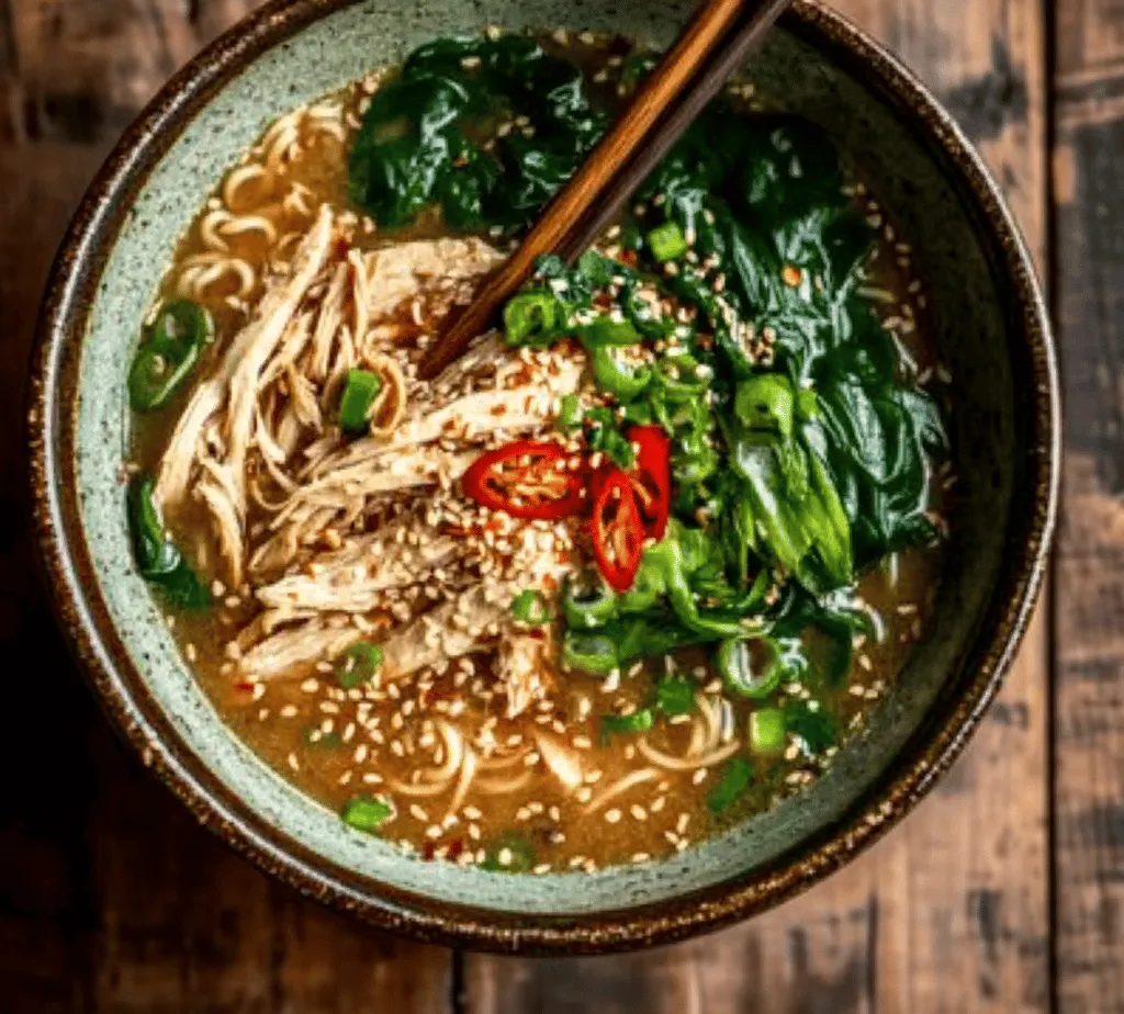 The Fiery Chicken Ramen with Creamy Garlic Sauce elevates the classic ramen by introducing a spicy element through the use of gochujang, a fermented chili paste that’s a staple in Korean cuisine. This distinctive ingredient provides a depth of flavor that transforms the ramen from a simple, comforting noodle soup into a fiery culinary adventure. Coupled with a rich, creamy garlic sauce, this dish is a celebration of contrasting flavors that harmoniously complement each other.