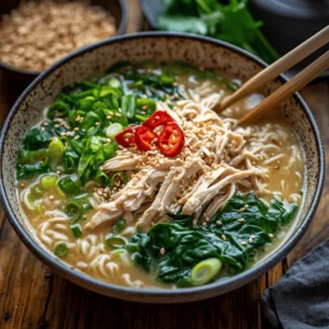 The Fiery Chicken Ramen with Creamy Garlic Sauce elevates the classic ramen by introducing a spicy element through the use of gochujang, a fermented chili paste that’s a staple in Korean cuisine. This distinctive ingredient provides a depth of flavor that transforms the ramen from a simple, comforting noodle soup into a fiery culinary adventure. Coupled with a rich, creamy garlic sauce, this dish is a celebration of contrasting flavors that harmoniously complement each other.