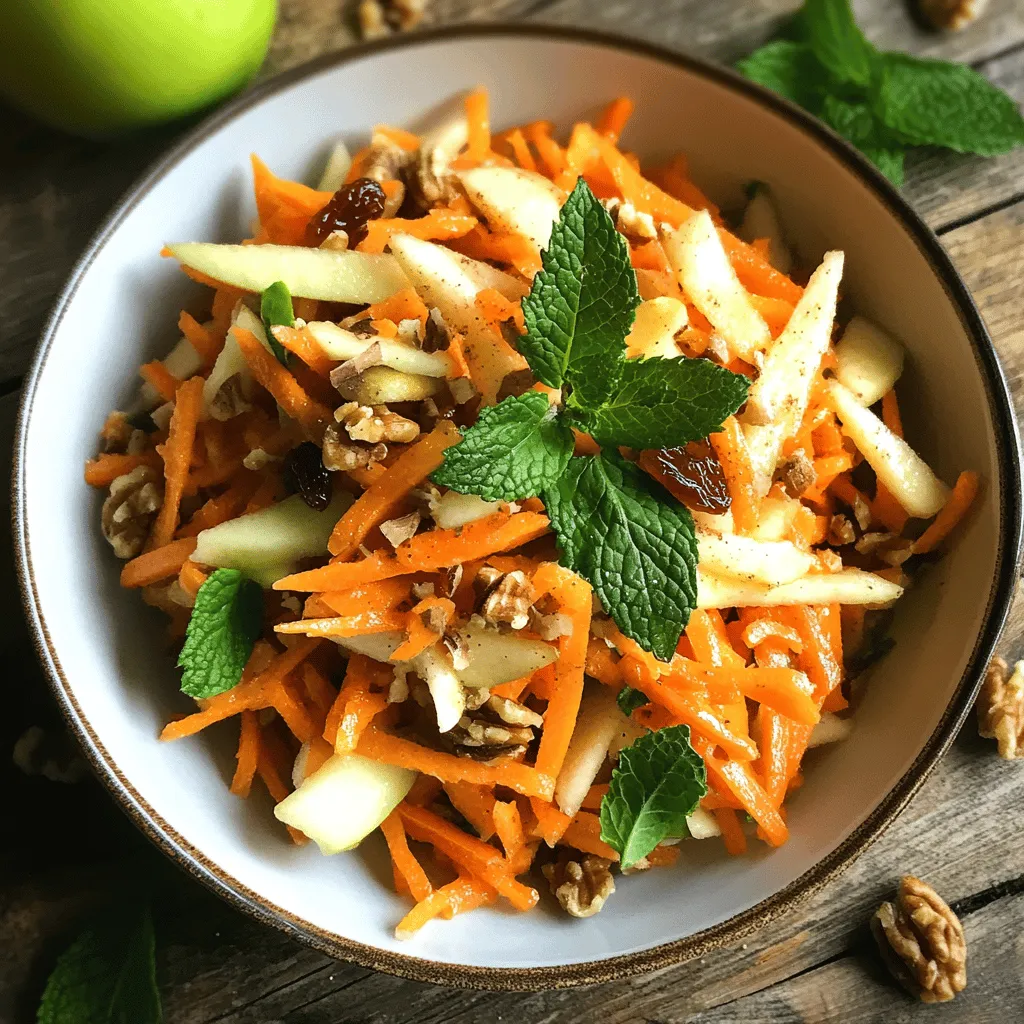 If you're seeking a refreshing and nutritious salad option that combines vibrant flavors with a satisfying crunch, look no further than the Crunchy Carrot Apple Delight. This salad is a delightful medley of fresh ingredients, featuring the natural sweetness of apples and raisins, the earthy flavor of carrots, and the rich crunch of walnuts. Perfect as a side dish for any meal or as a light meal on its own, this salad is not only quick to prepare but also packs a serious nutritional punch.