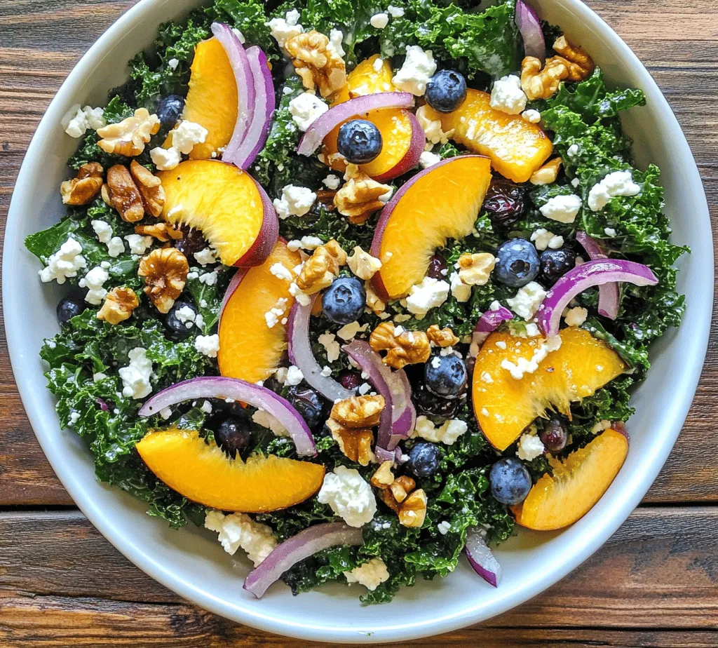 As the temperature rises and the days stretch longer, the allure of summer brings with it a craving for fresh, vibrant dishes that embody the essence of the season. Summer salads, in particular, shine during these warm months, offering a delightful combination of flavors, colors, and textures that can be both nourishing and satisfying. Among the myriad of summer salad options, the <strong>Summer Peach and Blueberry Kale Salad</strong> stands out as a particularly refreshing choice. This salad is not just a feast for the eyes; it also packs a punch in terms of nutrition, making it a perfect addition to your summer dining repertoire.” /></p>
</p>
<h3>Detailed Instructions on Chopping and Seasoning</h3>
</p>
<p>To ensure your Summer Peach and Blueberry Kale Salad is both visually appealing and delicious, proper preparation of your ingredients is key. Start by thoroughly washing your kale leaves under cold water to remove any dirt or grit. Once clean, shake off excess water and dry them using a salad spinner or by patting them gently with a kitchen towel.</p>
</p>
<h4>Chopping the Kale</h4>
</p>
<p>1. <strong>Remove the Stems</strong>: Place each leaf flat on a cutting board. Using a sharp knife, cut along both sides of the stem to remove it, as the stems can be tough and fibrous.</p>
</p>
<p>2. <strong>Tear or Chop</strong>: Once the stems are removed, you can either tear the kale into bite-sized pieces with your hands or chop it into smaller sections. Aim for pieces that are roughly 1-2 inches in size to make them easy to eat.</p>
</p>
<p>3. <strong>Massage the Kale</strong>: To soften the kale and make it more palatable, sprinkle a pinch of salt over the chopped leaves. Use your hands to massage the leaves gently for about 1-2 minutes. This process breaks down the fibrous texture and helps the kale absorb flavors better.</p>
</p>
<h4>Preparing the Peaches and Blueberries</h4>
</p>
<p>1. <strong>Peaches</strong>: Slice the peaches in half, remove the pit, and then cut them into wedges or bite-sized pieces. If desired, you can peel them, but the skin adds extra nutrients and color to the salad.</p>
</p>
<p>2. <strong>Blueberries</strong>: Rinse the blueberries gently under cold water and pat them dry with a paper towel. Inspect for any stems or unripe berries, discarding them as necessary.</p>
</p>
<h3>Creating the Dressing</h3>
</p>
<p>A well-balanced dressing is crucial for enhancing the flavors of the salad. For our Summer Peach and Blueberry Kale Salad, we will create a simple yet flavorful vinaigrette.</p>
</p>
<h4>Ingredients for the Dressing</h4>
</p>
<p>– 3 tablespoons extra-virgin olive oil</p>
<p>– 2 tablespoons apple cider vinegar</p>
<p>– 1 teaspoon honey or maple syrup (for a vegan option)</p>
<p>– Salt and freshly ground black pepper to taste</p>
<p>– Optional: 1 teaspoon Dijon mustard for an extra kick</p>
</p>
<h4>Whisking the Dressing</h4>
</p>
<p>1. In a small mixing bowl, combine the olive oil, apple cider vinegar, honey or maple syrup, and Dijon mustard (if using).</p>
</p>
<p>2. Using a whisk, mix the ingredients vigorously until they are well combined and emulsified. Taste the dressing; it should be a balance of sweet, tangy, and savory. Adjust the seasoning with salt and pepper. If it’s too tangy, add a little more honey or syrup. If it’s too sweet, increase the vinegar slightly.</p>
</p>
<h3>Combining Ingredients</h3>
</p>
<p>Now it’s time to bring all the beautiful components of your salad together!</p>
</p>
<h4>Mixing Techniques</h4>
</p>
<p>1. <strong>In a Large Bowl</strong>: Place your massaged kale in a large salad bowl. Add the chopped peaches and blueberries on top.</p>
</p>
<p>2. <strong>Dressing the Salad</strong>: Drizzle the dressing over the salad. Start with a small amount; you can always add more if needed.</p>
</p>
<p>3. <strong>Tossing the Salad</strong>: Using a pair of salad tongs or your hands, gently toss the ingredients together. Be careful not to bruise the delicate peaches and blueberries. Aim for a gentle lifting motion to combine everything evenly without crushing the fruit.</p>
</p>
<h4>Visual Cues for Mixing</h4>
</p>
<p>The salad is ready when all the ingredients are lightly coated with the dressing and the colors are evenly distributed. The kale should appear glossy, and the fruits should be well integrated but whole.</p>
</p>
<h3>Serving the Salad</h3>
</p>
<p>Presentation can elevate your salad from simple to stunning. Here are some suggestions to enhance its visual appeal:</p>
</p>
<p>1. <strong>Plating</strong>: Serve the salad in a large bowl for family-style dining, or plate individual portions. For an elegant touch, use a ring mold to create a layered look with the kale at the base, topped with peaches and blueberries.</p>
</p>
<p>2. <strong>Garnish</strong>: Sprinkle some toasted nuts (like almonds or walnuts) or seeds (like pumpkin or sunflower) on top for an added crunch. Fresh herbs, such as mint or basil, can also add a touch of color and freshness.</p>
</p>
<h4>Serving Tips</h4>
</p>
<p>– <strong>Serving Immediately</strong>: This salad is best enjoyed fresh. Serve it immediately to preserve the crispness of the kale and the juiciness of the fruit.</p>
</p>
<p>– <strong>Storing Leftovers</strong>: If you have any leftovers, store them in an airtight container in the refrigerator. The salad can be kept for 1-2 days, but the kale may become a bit wilted as it absorbs the dressing.</p>
</p>
<h3>Culinary Variations and Adaptations</h3>
</p>
<h4>Substitutions for Dietary Preferences</h4>
</p>
<p>This salad is quite versatile and can be adapted to suit various dietary needs:</p>
</p>
<p>1. <strong>Vegan Adaptations</strong>: Use maple syrup instead of honey to keep the dressing vegan-friendly.</p>
</p>
<p>2. <strong>Gluten-Free</strong>: The salad is naturally gluten-free, making it suitable for those with gluten sensitivities. Just ensure any additional ingredients you incorporate are also gluten-free.</p>
</p>
<p>3. <strong>Nut-Free Options</strong>: For a nut-free version, simply omit any nuts from the salad. You can substitute with seeds for added crunch.</p>
</p>
<h4>Creative Ingredient Swaps</h4>
</p>
<p>Feel free to get creative with your ingredients. Consider substituting peaches with nectarines or using strawberries instead of blueberries, depending on what you have available.</p>
</p>
<h3>Seasonal Variations</h3>
</p>
<p>During the summer months, this salad shines with fresh produce. However, you can easily adapt it for different seasons:</p>
</p>
<p>1. <strong>Fall/Winter</strong>: Replace peaches with diced apples or pears, and add roasted butternut squash for a heartier salad.</p>
</p>
<p>2. <strong>Adding Grains or Proteins</strong>: To make this salad more filling, consider adding cooked quinoa, farro, or grains of your choice. Grilled chicken, shrimp, or chickpeas can also be excellent protein additions.</p>
</p>
<h3>Pairing Suggestions</h3>
</p>
<h4>Complementing the Salad with Proteins</h4>
</p>
<p>To create a more balanced meal, pair your salad with a protein source. Some recommended options include:</p>
</p>
<p>– <strong>Grilled Chicken</strong>: Seasoned simply with salt, pepper, and a squeeze of lemon juice, grilled chicken complements the sweetness of the fruit beautifully.</p>
</p>
<p>– <strong>Shrimp</strong>: Sauté shrimp with garlic and olive oil for a quick and delicious addition.</p>
</p>
<p>– <strong>Chickpeas</strong>: For a vegetarian option, roasted chickpeas can add texture and protein to the salad.</p>
</p>
<h4>Choosing the Right Beverages</h4>
</p>
<p>The fresh flavors of this salad pair wonderfully with a variety of beverages:</p>
</p>
<p>1. <strong>White Wine</strong>: A chilled Sauvignon Blanc or a light Pinot Grigio enhances the fruity elements of the salad.</p>
</p>
<p>2. <strong>Herbal Iced Tea</strong>: For a non-alcoholic option, serve the salad with a refreshing herbal iced tea, such as mint or hibiscus.</p>
</p>
<h3>Conclusion</h3>
</p>
<p>The Summer Peach and Blueberry Kale Salad is not just a feast for the eyes; it’s a celebration of fresh, vibrant flavors that capture the essence of summer. This recipe is easy to prepare and can be adapted to suit various tastes and dietary preferences, making it a versatile addition to your summer gatherings.</p>
</p>
<p>Whether you enjoy it as a light meal or as a side dish, this salad is a reminder to embrace the bounty of the season. Don’t hesitate to experiment with the ingredients and make it your own. Celebrate summer with this delightful salad, and let the flavors inspire you to create more fresh and healthy dishes throughout the season!</p>
<div id=