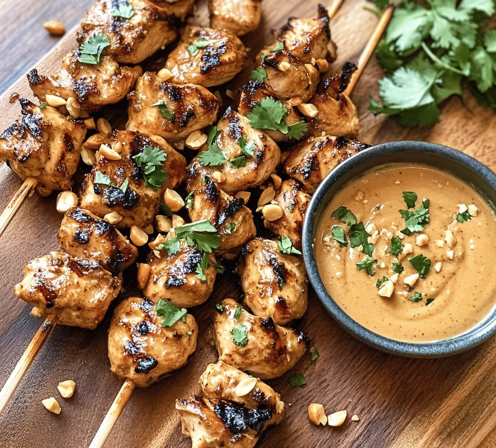 Thai cuisine has gained immense popularity globally, celebrated for its vibrant flavors, aromatic herbs, and beautifully balanced dishes. It's a culinary world where sweet, salty, spicy, and sour harmoniously coexist, creating unforgettable taste experiences. Among the myriad of Thai dishes, <strong>Easy Grilled Thai Chicken Skewers with Peanut Sauce</strong> stands out as a favorite. This dish not only embodies the essence of Thai cooking but also presents a delightful and accessible way to bring a taste of Thailand into your home kitchen.” /></p>
</p>
<h3>Best Practices for Skewering Chicken</h3>
</p>
<p>When preparing your Easy Grilled Thai Chicken Skewers, proper skewering is essential for both cooking and presentation. Start by choosing the right skewers; if using wooden skewers, soak them in water for at least 30 minutes before grilling to prevent burning. Metal skewers are a great alternative, providing a reusable option that won’t catch fire.</p>
</p>
<p>When threading the chicken pieces onto the skewers, aim for uniform size and thickness. Cut the chicken into consistent chunks, around 1 to 1.5 inches. This ensures even cooking, as smaller pieces cook faster while larger ones may remain undercooked. Once skewer-ready, thread the chicken pieces with a slight gap in between. This spacing allows hot air to circulate, promoting even cooking and preventing steaming.</p>
</p>
<h3>Spacing Tips for Even Cooking</h3>
</p>
<p>Adequate spacing is crucial for achieving that perfect char and juicy interior. When placing the chicken on the skewers, avoid crowding the pieces. Leave about a half-inch of space between each piece. This allows direct heat from the grill to reach each chunk, enhancing the overall flavor and texture. If you’re adding vegetables, such as bell peppers or onions, alternate them with the chicken to not only create a beautiful visual contrast but also to impart additional flavors to the skewers.</p>
</p>
<h3>Grilling Instructions</h3>
</p>
<p>Preheat your grill to medium-high heat, around 400-450°F (200-230°C). For a charcoal grill, ensure the coals are evenly distributed for consistent heat. Once preheated, oil the grill grates lightly to prevent sticking. Place the skewers on the grill and cook for about 6-8 minutes on one side.</p>
</p>
<h3>Timing and Flipping Techniques for Juicy Chicken</h3>
</p>
<p>Timing is key to juicy chicken skewers. After the initial 6-8 minutes, carefully flip the skewers using tongs. Cook for another 6-8 minutes on the other side. To achieve the best results, avoid excessive flipping; this could lead to uneven cooking. Instead, allow each side to develop a nice char.</p>
</p>
<p>For the most accurate assessment of doneness, use a meat thermometer. The internal temperature for cooked chicken should reach 165°F (74°C). If you don’t have a thermometer, check that the juices run clear and the meat is no longer pink at the center.</p>
</p>
<h3>Importance of Internal Temperature for Food Safety</h3>
</p>
<p>Monitoring the internal temperature is not just for taste; it’s essential for food safety. Undercooked chicken can harbor harmful bacteria such as Salmonella. By ensuring your chicken reaches the proper temperature, you can enjoy your meal with peace of mind. After removing the skewers from the grill, let them rest for a few minutes. This helps the juices redistribute throughout the meat, making each bite tender and flavorful.</p>
</p>
<h3>Serving Suggestions and Pairings</h3>
</p>
<p>Once your skewers are grilled to perfection, presentation plays a vital role in enhancing your dining experience. Serve the chicken skewers on a large platter, garnished with freshly chopped cilantro or green onions for a pop of color. You can also drizzle some extra peanut sauce over the skewers for added flavor.</p>
</p>
<h4>Suggested Side Dishes that Complement Thai Flavors</h4>
</p>
<p>To create a well-rounded meal, consider serving your grilled chicken skewers with a variety of side dishes that complement Thai flavors. Here are some suggestions:</p>
</p>
<p>1. <strong>Thai Coconut Rice</strong>: The creamy texture and subtle sweetness of coconut rice pair beautifully with the savory chicken skewers. Cook your rice with coconut milk in place of water for a delicious twist.</p>
</p>
<p>2. <strong>Papaya Salad</strong>: A refreshing papaya salad adds a crunchy contrast to the tender skewers. The bright flavors of lime, fish sauce, and chili will elevate your meal.</p>
</p>
<p>3. <strong>Grilled Vegetables</strong>: Skewers of grilled vegetables like zucchini, peppers, and mushrooms bring additional color and nutrition to your plate. Toss them with a bit of olive oil and salt before grilling to enhance their flavors.</p>
</p>
<p>4. <strong>Thai Noodle Salad</strong>: A cold noodle salad made with rice noodles, fresh herbs, and a tangy dressing can serve as a light, refreshing counterbalance to the skewers.</p>
</p>
<h4>Using the Peanut Sauce: Serving Tips and Variations</h4>
</p>
<p>The peanut sauce is the star of the show, tying the dish together with its rich, nutty flavor. Serve the sauce in a small bowl on the side for dipping or drizzle it over the skewers before serving. If you want to mix things up, try adding a splash of lime juice or a pinch of chili flakes to the sauce for extra zest.</p>
</p>
<p>For an even more unique twist, consider adding crushed peanuts or sesame seeds on top of the sauce for added texture. You can also experiment with different herbs, such as mint or basil, to create a personalized flavor profile that suits your palate.</p>
</p>
<h3>Nutritional Benefits of the Dish</h3>
</p>
<p>This Easy Grilled Thai Chicken Skewers with Peanut Sauce dish is not only delicious but also packed with nutritional benefits. Chicken is a fantastic source of lean protein, which is essential for muscle growth and repair. It also contains important vitamins and minerals, such as B vitamins for energy metabolism and selenium, which supports the immune system.</p>
</p>
<p>The peanut sauce, made from natural peanut butter, provides healthy fats, especially monounsaturated fats, which are known to promote heart health. Additionally, peanuts are a good source of fiber, protein, and vitamin E, contributing to a well-rounded diet.</p>
</p>
<p>While this dish offers many health benefits, it’s essential to enjoy it in moderation, especially regarding the peanut sauce, which can be calorie-dense. Balancing indulgence with nutrition can be easily achieved by pairing the skewers with lighter side dishes, such as salads and steamed vegetables.</p>
</p>
<h3>Cultural Context of Thai Grilling</h3>
</p>
<p>Thai grilling techniques have a rich history deeply embedded in the country’s culinary culture. Street food is a significant aspect of Thai life, and grilled skewers are a popular choice among locals and tourists alike. The practice of grilling meat on skewers allows for quick cooking and the ability to create portable meals that are perfect for the bustling streets of Thailand.</p>
</p>
<p>The use of skewering in Thai cuisine is not just for practicality; it also enhances the flavor profile. Grilling caramelizes the natural sugars in the meat, producing a delightful smoky flavor that pairs harmoniously with the bold spices and herbs characteristic of Thai cuisine.</p>
</p>
<p>The unique flavor profiles in Thai cooking, often a balance of sweet, sour, salty, and spicy, are reflected in the contrast between the savory chicken and the rich, creamy peanut sauce. This balance is a hallmark of Thai dishes, making them not just meals but an experience of flavor exploration.</p>
</p>
<h3>Conclusion</h3>
</p>
<p>In conclusion, the Easy Grilled Thai Chicken Skewers with Peanut Sauce is a vibrant and flavorful dish that is surprisingly simple to prepare. With juicy, perfectly cooked chicken complemented by a rich peanut sauce, this recipe is a celebration of Thai flavors that can be enjoyed year-round.</p>
</p>
<p>Whether you’re hosting a summer barbecue or looking for a quick weeknight dinner, these skewers offer a delightful experience that anyone can appreciate. The joy of grilling, combined with the ability to create authentic Thai flavors at home, makes this recipe a must-try for food enthusiasts.</p>
</p>
<p>So, fire up your grill, gather your ingredients, and embark on a culinary adventure that brings the tastes of Thailand to your kitchen. Enjoy the satisfaction of creating a dish that is not only delicious but also rich in cultural significance and nutritional value. Happy grilling!</p>
<div id=