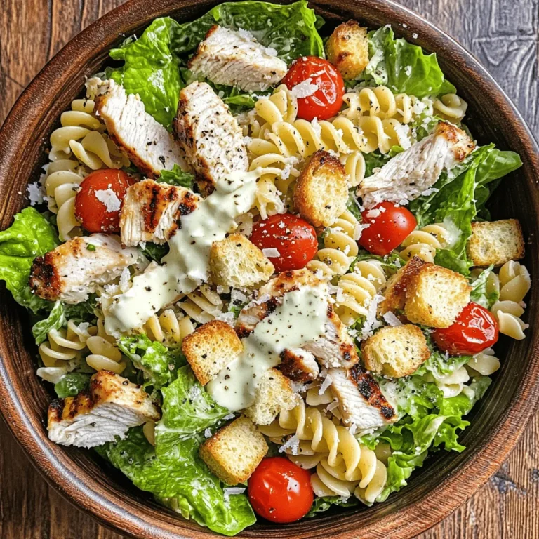 The Chicken Caesar Pasta Salad is not just about flavor; it's a culinary celebration of vibrant ingredients that come together to create a balanced dish. The combination of tender rotini pasta, juicy grilled chicken, and the crunch of romaine lettuce offers a satisfying contrast in textures. The sweetness of cherry tomatoes adds a burst of freshness, while the salty, umami-rich Parmesan cheese elevates the dish to new heights. Drizzled with a creamy Caesar dressing, each bite is a harmonious blend of flavors that is as delicious as it is nutritious.