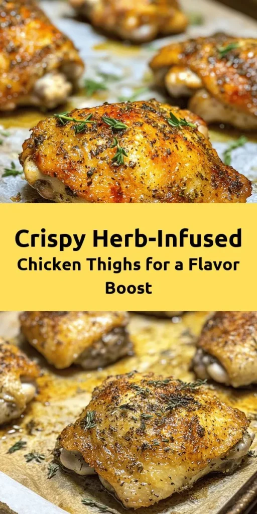 Savor the flavors of crispy herb-infused chicken thighs with this easy recipe! Simply season bone-in, skin-on thighs with a mix of garlic, onion, thyme, rosemary, and paprika before roasting them to perfection. In just 50 minutes, you can enjoy juicy chicken with a golden, crispy skin that’s packed with flavor. Perfect for dinner any night of the week, and let the aroma fill your kitchen! Garnish with fresh herbs for an extra touch.