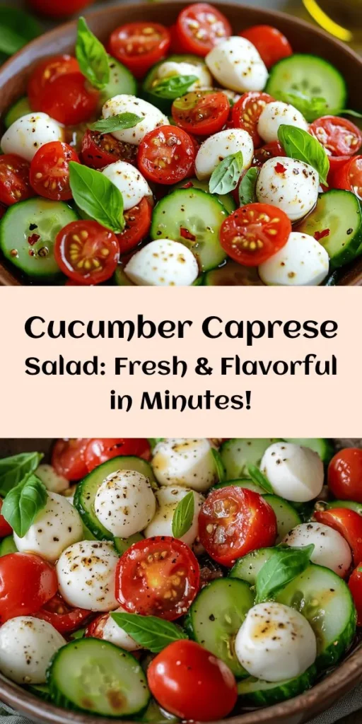 Discover the perfect summer dish with this refreshing Cucumber Caprese Salad! Crisp cucumbers, juicy cherry tomatoes, and creamy mozzarella create a delightful harmony of flavors. Tossed with fresh basil, olive oil, and balsamic vinegar, this easy salad is ready in just 10 minutes. It's the ideal side for barbecues or a light lunch. Chill it for a refreshing treat, and enjoy the taste of summer in every bite!