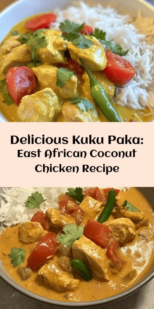 Discover the rich flavors of East Africa with this delectable Kuku Paka recipe! This coconut chicken delight combines tender marinated chicken with spices and creamy coconut milk, resulting in a dish that's both comforting and exotic. Perfectly spiced with garlic, ginger, and green chilies, this meal is a feast for the senses. Serve it hot with rice or chapati for a memorable family dinner. Get ready to impress your taste buds with this easy and flavorful dish!