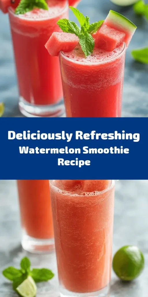 Quench your thirst with this refreshing watermelon smoothie! Made with fresh watermelon, coconut water, and a hint of lime, it’s the perfect summer treat. Optional Greek yogurt adds creaminess, while mint leaves bring a burst of flavor. Ready in just 10 minutes, this hydrating drink can be enjoyed anytime. Blend your ingredients to a smooth consistency, adjust the sweetness with honey, and serve chilled for a delightful experience. Enjoy this vibrant, healthy smoothie!