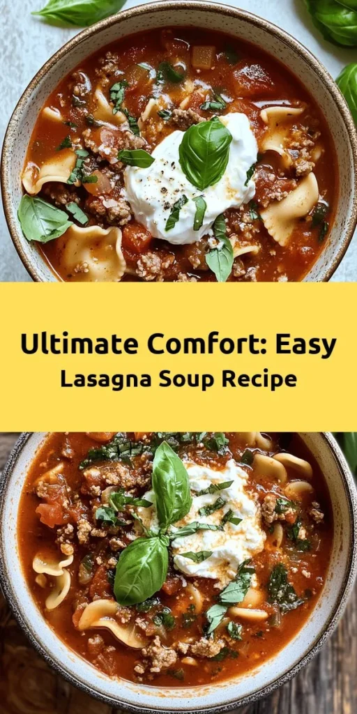 Discover the ultimate comfort food with this delicious Lasagna Soup recipe! Packed with hearty flavors, this easy-to-make dish features ground beef, aromatic vegetables, and a rich tomato broth. In just 35 minutes, you'll have a warm bowl of goodness topped with creamy ricotta, melty mozzarella, and a sprinkle of Parmesan. Perfect for weeknight dinners or cozy gatherings, this Lasagna Soup will quickly become a family favorite! Enjoy every flavorful bite!