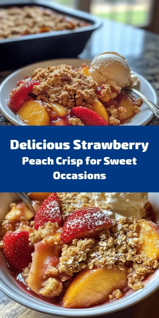 Delight in the flavors of summer with this Strawberry Peach Crisp recipe! Bursting with fresh strawberries and sweet peaches, topped with a crunchy oat and brown sugar layer, it's the perfect dessert for any occasion. Simple to prepare with just a few ingredients, this crisp is baked to golden perfection and is best enjoyed warm, perhaps with a scoop of vanilla ice cream. Get ready to impress your friends and family with this delicious treat!