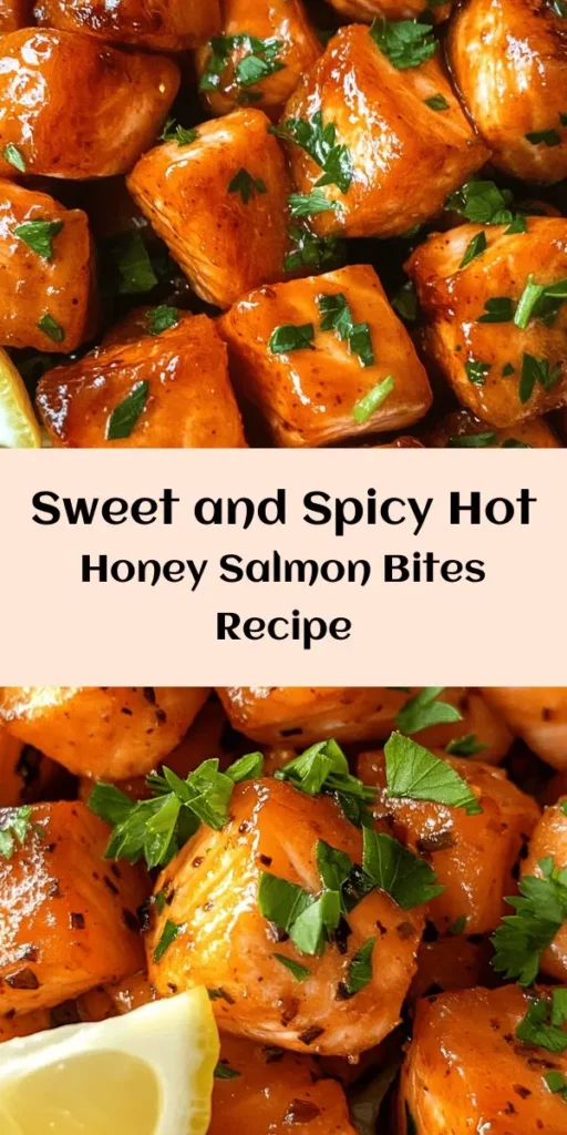 Try these delicious Spicy-Sweet Hot Honey Salmon Bites for a quick and flavorful meal! Juicy salmon cubes are seasoned with smoked paprika and garlic powder, baked until perfectly flaky, and finished with a tangy hot honey glaze. This easy recipe takes just 20 minutes from start to finish, making it perfect for busy weeknights or entertaining guests. Serve with fresh lemon wedges for an extra kick! Your taste buds will thank you.