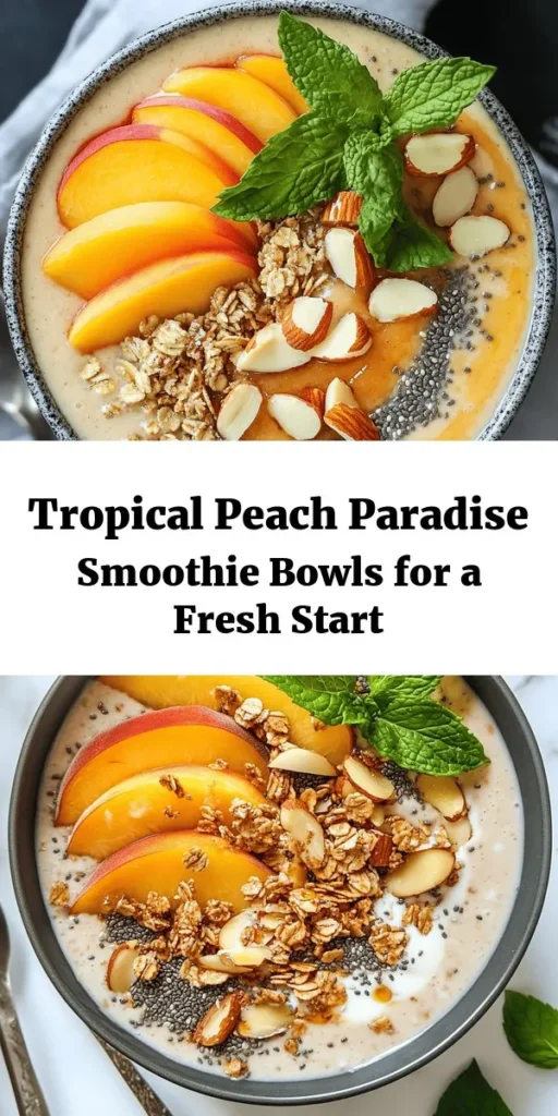 Dive into summer with these delightful Peach Paradise Smoothie Bowls! Made with ripe peaches, creamy Greek yogurt, and a touch of honey, this refreshing treat is perfect for breakfast or a snack. Blend your ingredients for a smooth base, chill it for that perfect consistency, and top with fresh peach slices, granola, and almond slices for crunch. Garnish with mint for an extra burst of flavor. Enjoy this healthy and delicious bowl of sunshine!