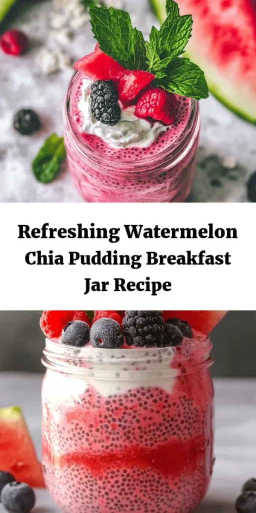 Start your day with a refreshing twist! This Watermelon Chia Pudding Breakfast Jar combines delicious watermelon puree, creamy yogurt, and nutritious chia seeds for a light and energizing breakfast. Easy to prepare in just 10 minutes, this recipe is perfect for meal prep. Layer your jars with sweetness and top them off with fresh watermelon slices, berries, and mint for a delightful morning treat. Enjoy chilled and feel revitalized!