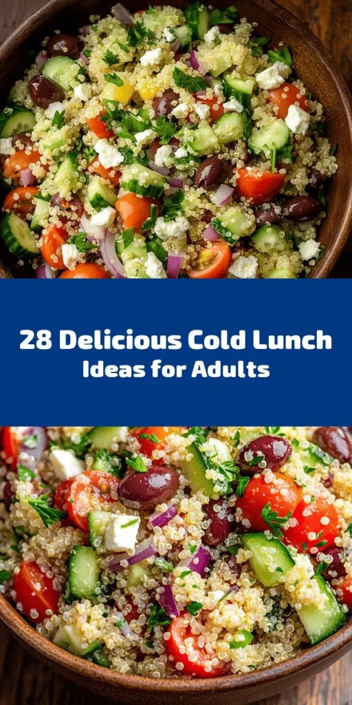 Discover 28 delicious cold lunch ideas perfect for adults! From Mediterranean quinoa salad to zesty chickpea wraps and even refreshing fruit parfaits, these recipes are easy to make and full of flavor. Each dish offers a unique twist and can be prepared in no time, making them ideal for busy days. Whether you're at work or on the go, these lunches are packed with nutrients and flavor. Try them out and elevate your lunch game today!