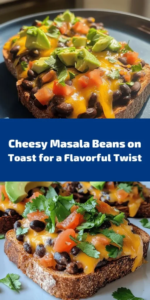 Elevate your toast game with this delicious Cheesy Masala Beans on Toast recipe! Packed with flavor, this simple dish features hearty black beans, zesty tomatoes, and a blend of aromatic spices, topped with melted cheese all on a crispy whole grain slice. Perfect for breakfast, brunch, or a light dinner, it's a crowd-pleaser that is quick to prepare. Garnish with fresh cilantro and avocado for an extra touch. Try this healthy, filling meal today!