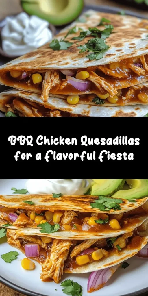 Get ready for a delicious BBQ Chicken Quesadilla Fiesta! This mouthwatering recipe features tender shredded chicken coated in your favorite BBQ sauce, combined with gooey cheddar and mozzarella cheese, sautéed red onions, and sweet corn. Wrapped in crispy tortillas, these quesadillas are sure to be a hit! Perfect for a quick weeknight dinner or a fun party dish. Serve with fresh cilantro, sour cream, and avocado for an extra special touch. Enjoy!