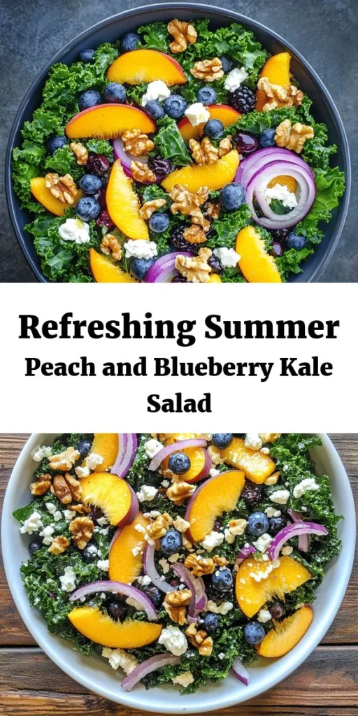 Brighten up your summer meals with this delicious Peach and Blueberry Kale Salad! Made with tender kale, juicy peaches, and fresh blueberries, this salad is not only vibrant but packed with nutrients. Drizzled with a light honey dressing and topped with crumbled feta and toasted walnuts, it’s the perfect blend of sweet and savory. Quick to prepare in just 15 minutes, this dish serves 4 and is ideal for picnics or family dinners. Enjoy this refreshing taste of summer!
