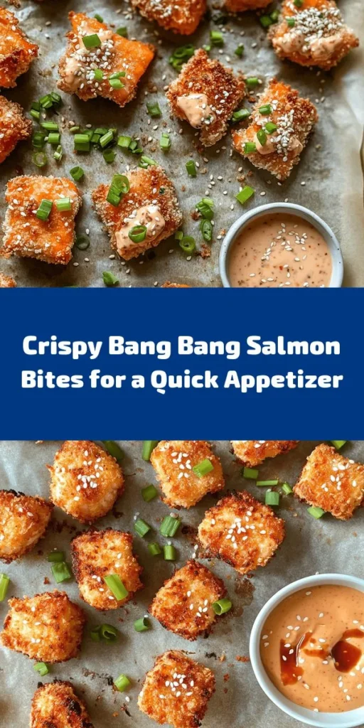 Savor the flavors of these Crispy Bang Bang Salmon Bites! Perfectly seasoned salmon is breaded in crunchy panko and baked to golden perfection. Pair with a zesty homemade Bang Bang sauce that balances sweetness and spice. This easy recipe is great as an appetizer or a fun dinner option that will impress your friends and family. Ready in just 35 minutes, these bites are healthy, delicious, and sure to be a hit at any gathering!